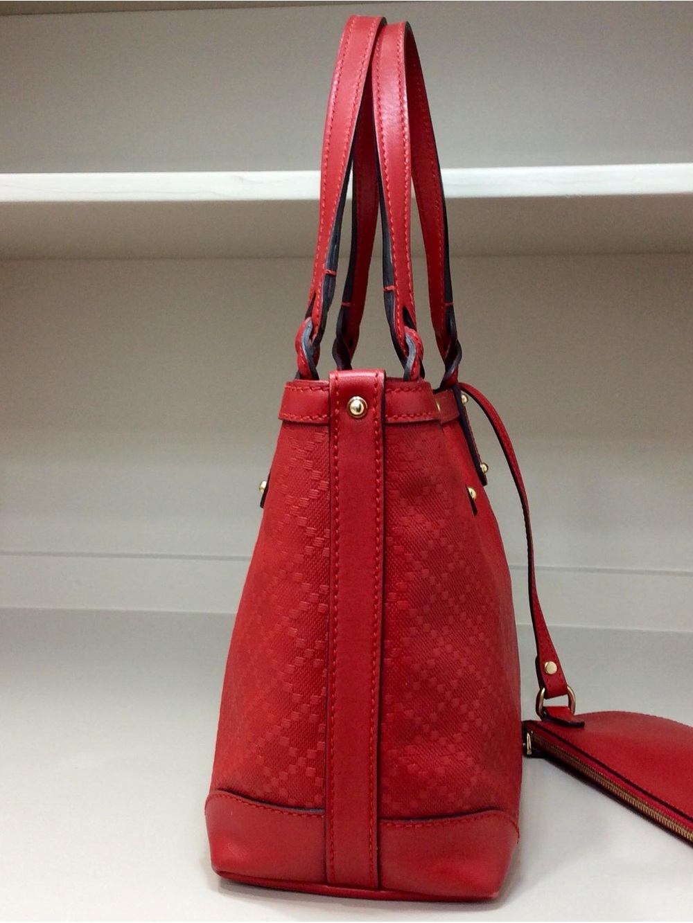 Authentic Gucci Small Diamante Craft Tote Canvas Leather with Pouch Red Bag - Picture 12 of 16